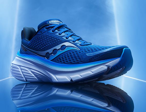A blue and white Saucony Guide shoe.